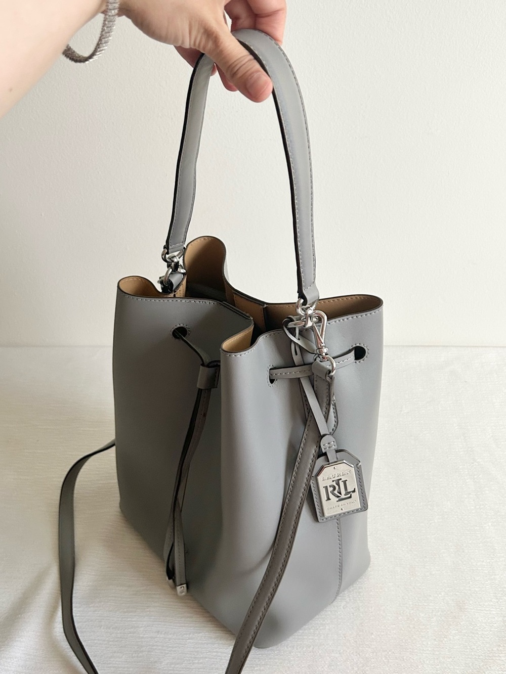 Ralph Lauren Light Gray Leather Drawstring Bucket Bag